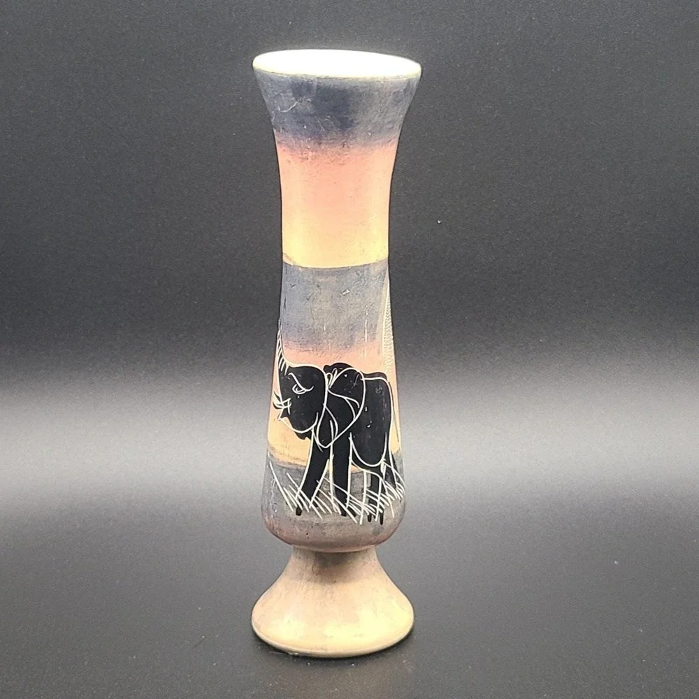 Hand Carved Soapstone Bud Vase Etched Painted Elephant Kenya Desert